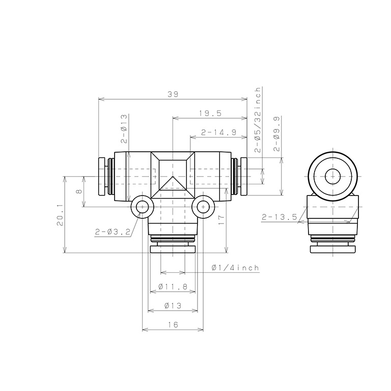 Đầu Nối Nhanh Khí Nén Chữ T Dạng Nối Giảm Pisco PEG5/32-1/4_drawing