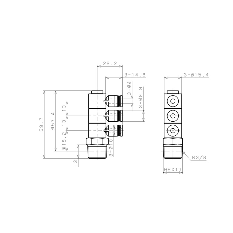 Đầu Nối Nhanh Khí Nén Ba Nhánh Cong 90° Thân Lục Giác Trụ Ren Ngoài Pisco PHT4-03_drawing