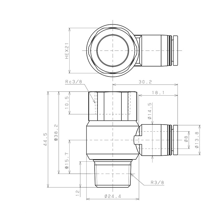 Đầu Nối Nhanh Khí Nén Cong 90° Đầu Lục Giác Trụ Ren Đực Cái Pisco PHF8-03W_drawing