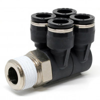Đầu Nối Nhanh Khí Nén Bốn Nhánh Cong 90° Thân Lục Giác Trụ Ren Ngoài Pisco PAW10-04