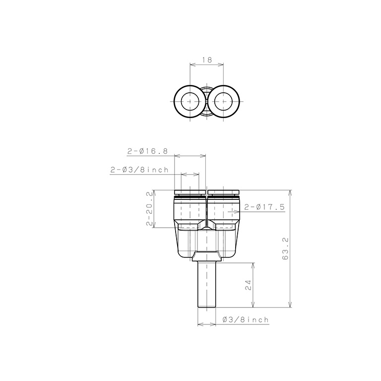 Đầu Nối Nhanh Khí Nén Giữa Ống Khí Và Fitting Dạng Chữ Y Pisco PYJ3/8W_drawing