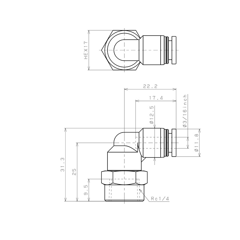 Đầu Nối Nhanh Khí Nén Dạng Cong 90° Ren Trong Pisco PLF3/16-02_drawing