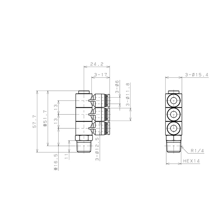 Đầu Nối Nhanh Khí Nén Ba Nhánh Cong 90° Thân Lục Giác Trụ Ren Ngoài Pisco PHT6-02_drawing