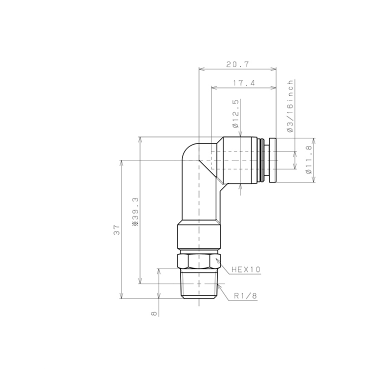 Đầu Nối Nhanh Khí Nén Dạng Cong 90° Ren Ngoài (Dài) Pisco PLL3/16-01W_drawing