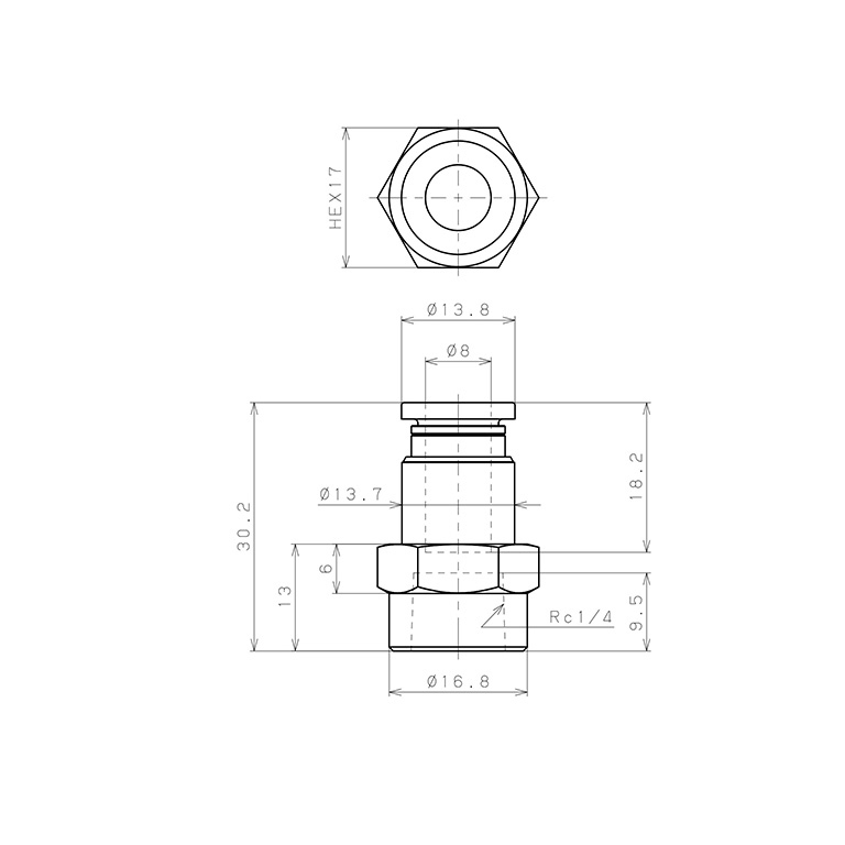 Đầu Nối Nhanh Khí Nén Dạng Thẳng Ren Trong Pisco PCF8-02-UC_drawing