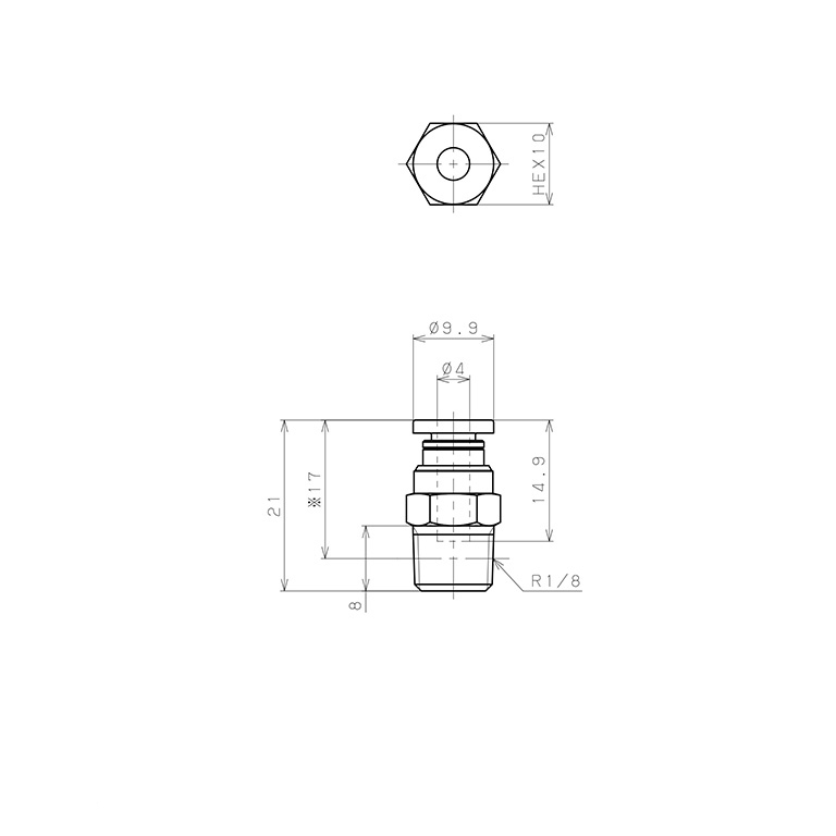 Đầu Nối Nhanh Khí Nén Dạng Thẳng Thân Lục Giác Ren Ngoài Pisco PC4-01-UC_drawing