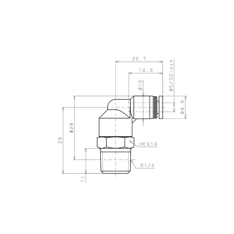 Đầu Nối Nhanh Khí Nén Dạng Cong 90° Ren Ngoài Pisco PL5/32-02-C_drawing