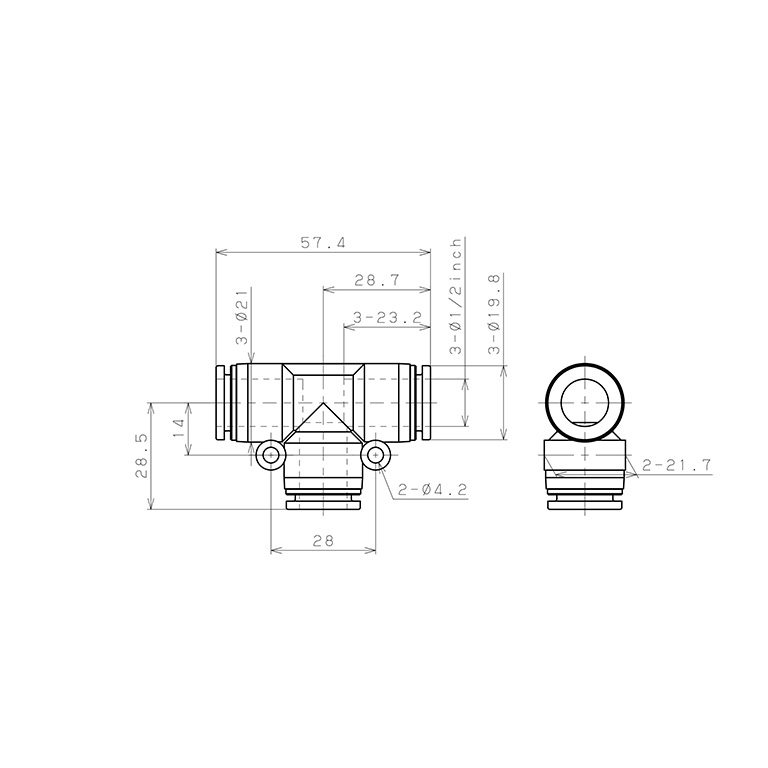 Đầu Nối Nhanh Khí Nén Chữ T Pisco PE1/2-C_drawing