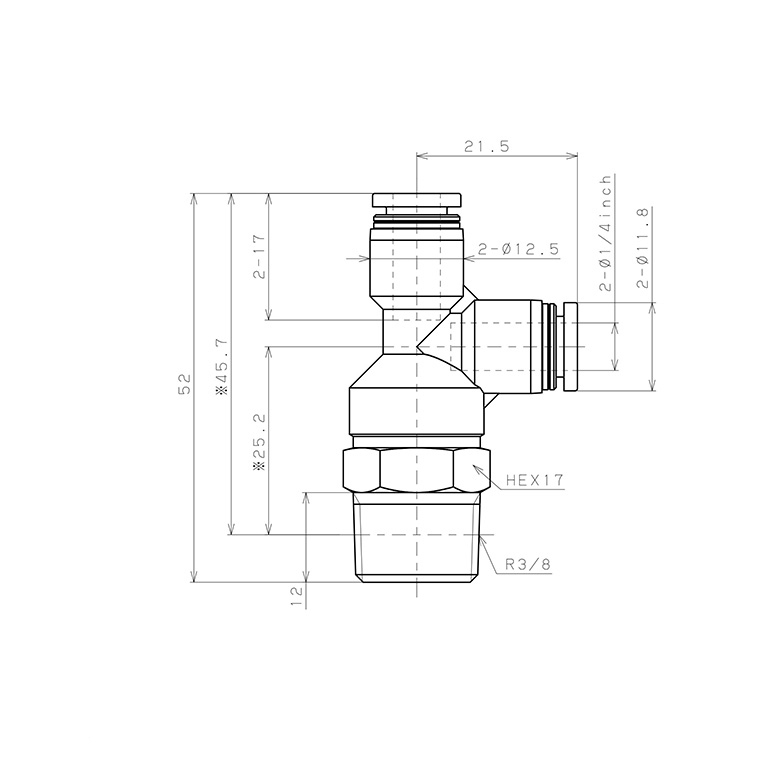 Đầu Nối Nhanh Khí Nén Dạng Chữ T Ren Ngoài Pisco PD1/4-03_drawing