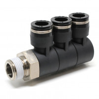 Đầu Nối Nhanh Khí Nén Ba Nhánh Cong 90° Thân Lục Giác Trụ Ren Ngoài Pisco PHT10-03