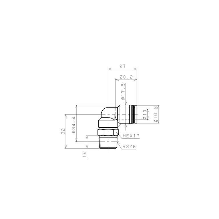 Đầu Nối Nhanh Khí Nén Dạng Cong 90° Ren Ngoài Pisco PL10-03-UC_drawing