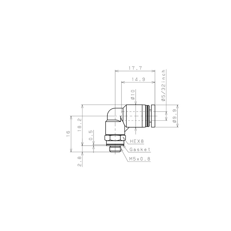 Đầu Nối Nhanh Khí Nén Dạng Cong 90° Ren Ngoài Pisco PL5/32-M5W_drawing