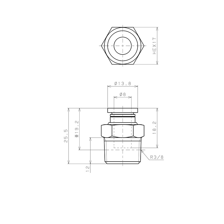 Đầu Nối Nhanh Khí Nén Dạng Thẳng Thân Lục Giác Ren Ngoài Pisco PC8-03-C_drawing