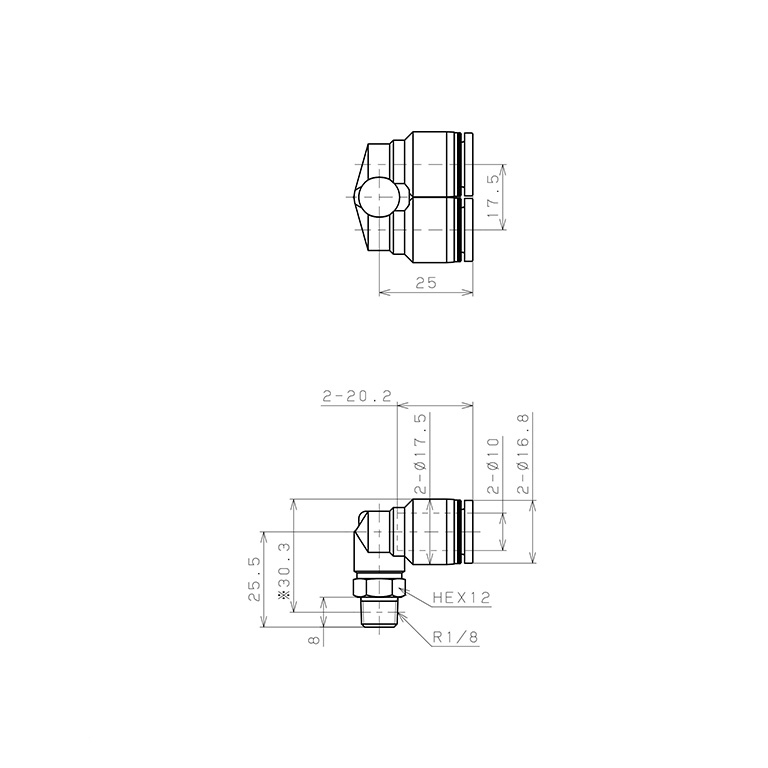 Đầu Nối Nhanh Khí Nén Hai Nhánh Cong 90° Ren Ngoài Pisco PAX10-01_drawing