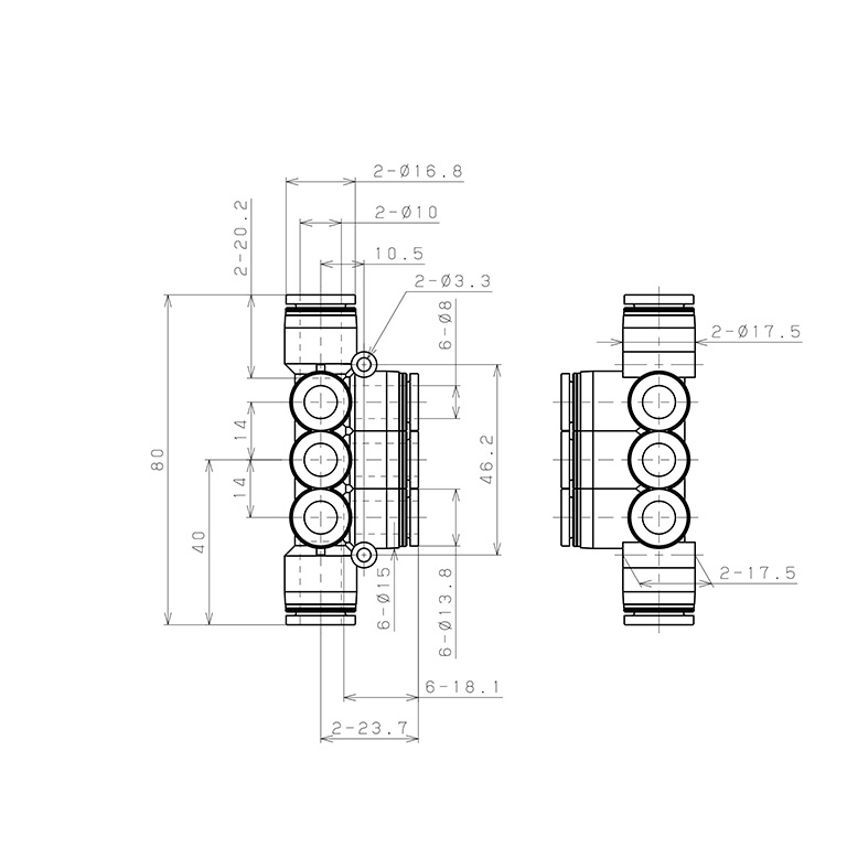 Đầu Nối Nhanh Khí Nén Chữ T 8 Ngã Dạng Nối Giảm Pisco PKVG10-8W-C_drawing