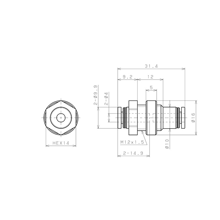 Đầu Nối Nhanh Khí Nén Dạng Thẳng Ren Ngoài Lắp Kẹp Vách Pisco PMP4_drawing