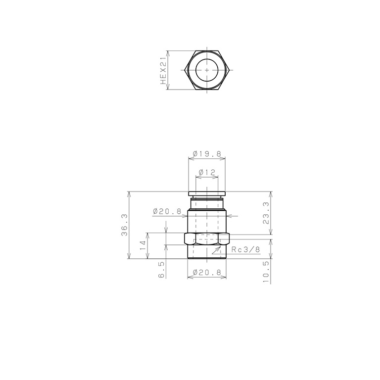 Đầu Nối Nhanh Khí Nén Dạng Thẳng Ren Trong Pisco PCF12-03-UC_drawing