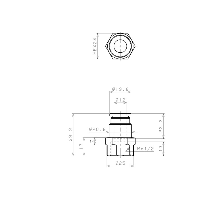 Đầu Nối Nhanh Khí Nén Dạng Thẳng Ren Trong Pisco PCF12-04-UC_drawing