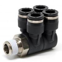 Đầu Nối Nhanh Khí Nén Bốn Nhánh Cong 90° Thân Lục Giác Trụ Ren Ngoài Pisco PAW8-02W