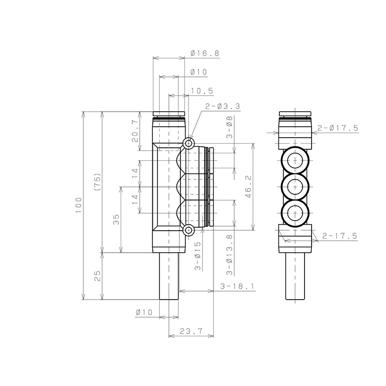 Đầu Nối Nhanh Khí Nén Giữa Ống Khí Và Fitting Bốn Nhánh Dạng Chữ T Pisco PKJ10-8W_drawing