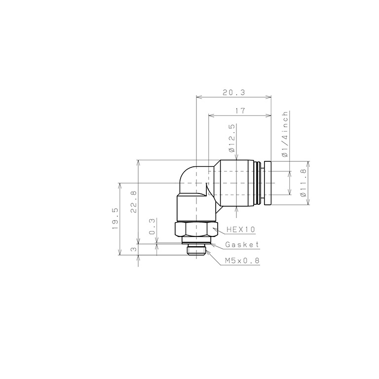 Đầu Nối Nhanh Khí Nén Dạng Cong 90° Ren Ngoài Pisco PL1/4-M5-C_drawing