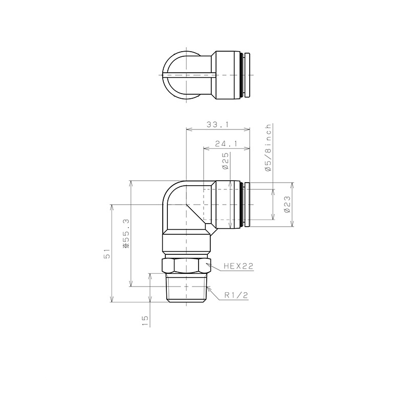 Đầu Nối Nhanh Khí Nén Dạng Cong 90° Ren Ngoài Pisco PL5/8-04_drawing