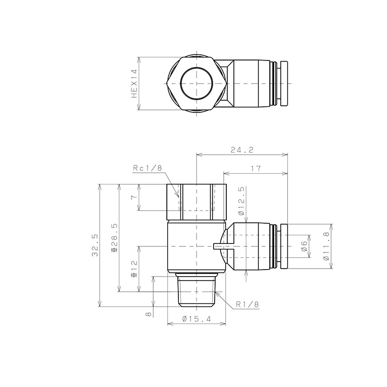 Đầu Nối Nhanh Khí Nén Cong 90° Đầu Lục Giác Trụ Ren Đực Cái Pisco PHF6-01-C_drawing