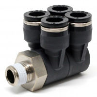 Đầu Nối Nhanh Khí Nén Bốn Nhánh Cong 90° Thân Lục Giác Trụ Ren Ngoài Pisco PAW10-02W