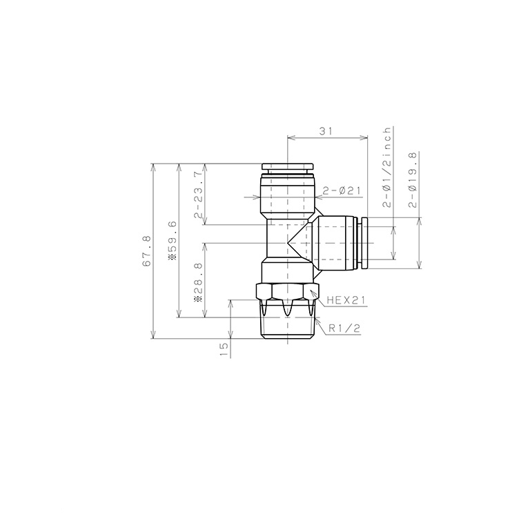 Đầu Nối Nhanh Khí Nén Dạng Chữ T Ren Ngoài Pisco PD1/2-04W_drawing
