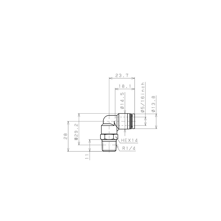 Đầu Nối Nhanh Khí Nén Dạng Cong 90° Ren Ngoài Pisco PL5/16-02W_drawing