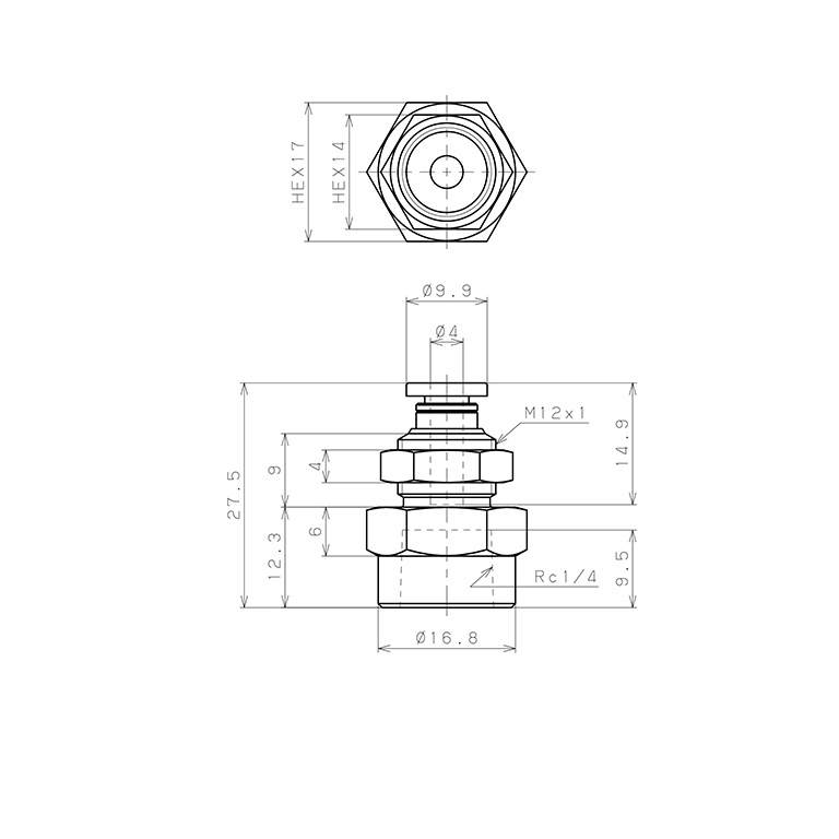 Đầu Nối Nhanh Khí Nén Dạng Thẳng Ren Trong Ngoài Pisco PMF4-02W_drawing