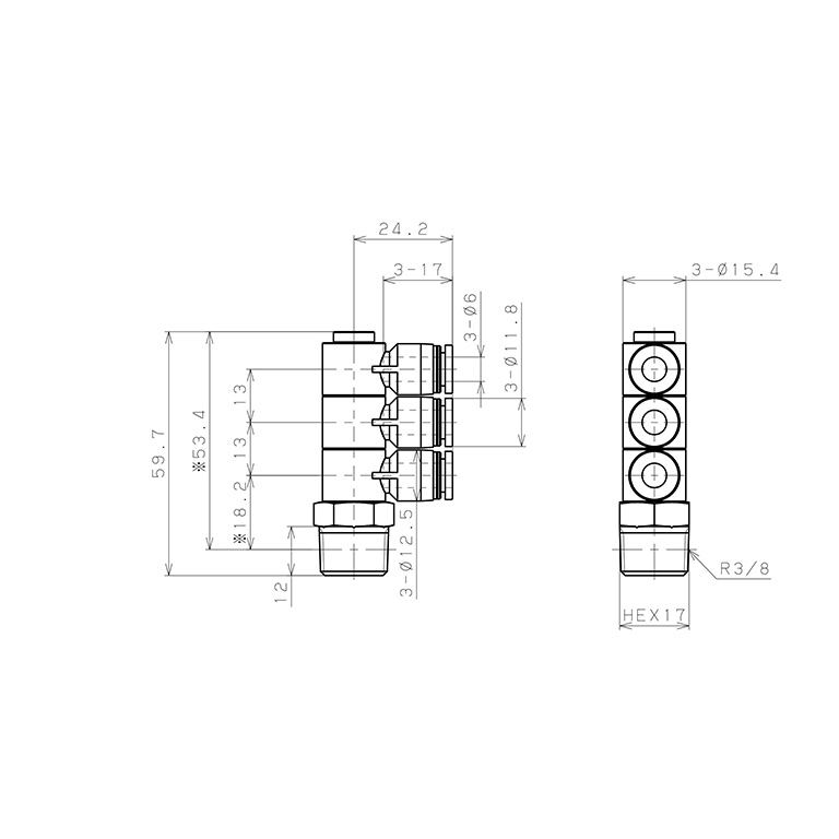 Đầu Nối Nhanh Khí Nén Ba Nhánh Cong 90° Thân Lục Giác Trụ Ren Ngoài Pisco PHT6-03W-C_drawing
