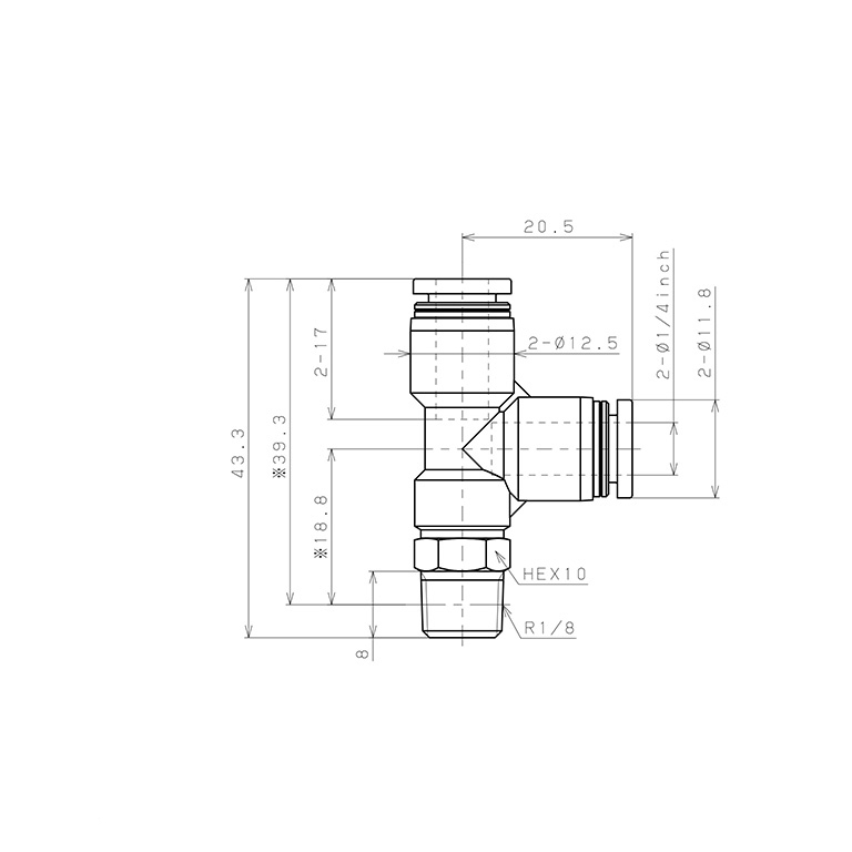 Đầu Nối Nhanh Khí Nén Dạng Chữ T Ren Ngoài Pisco PD1/4-01_drawing