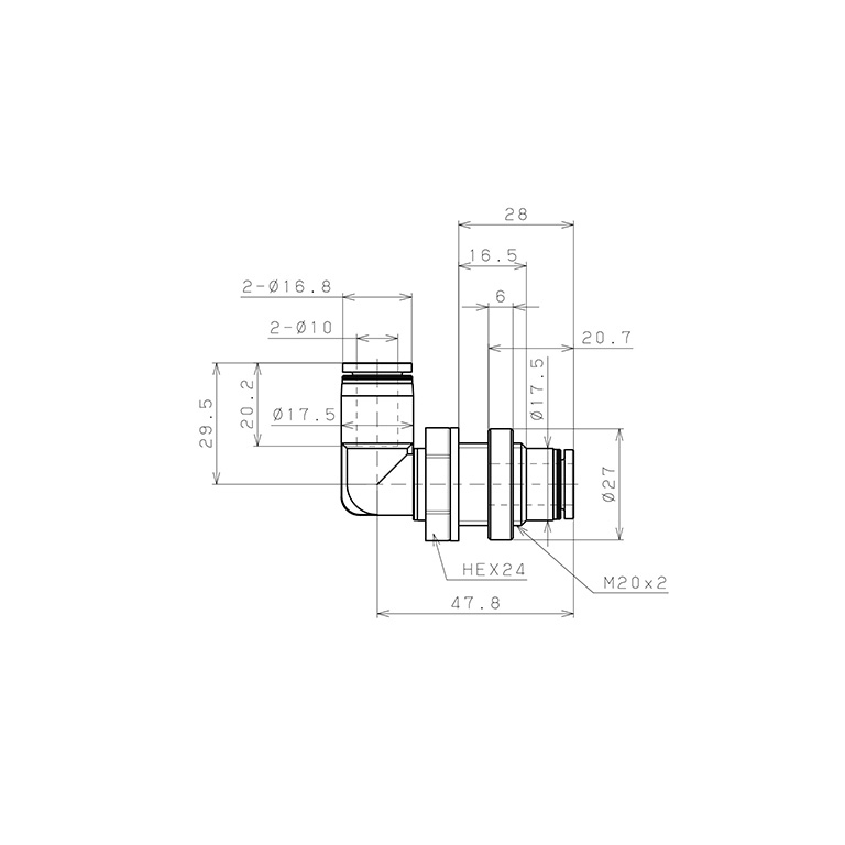 Đầu Nối Nhanh Khí Nén Cong 90° Ren Ngoài Lắp Kẹp Vách Pisco PML10-UC_drawing