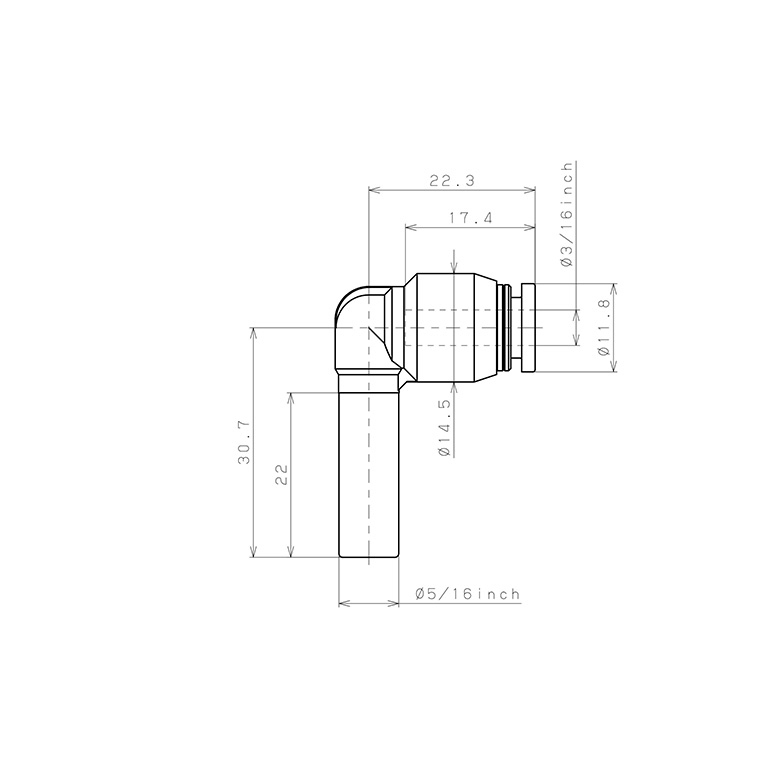 Đầu Nối Nhanh Khí Nén Giữa Ống Khí Và Fitting Dạng Nối Giảm Cong 90° Pisco PLGJ5/16-3/16_drawing