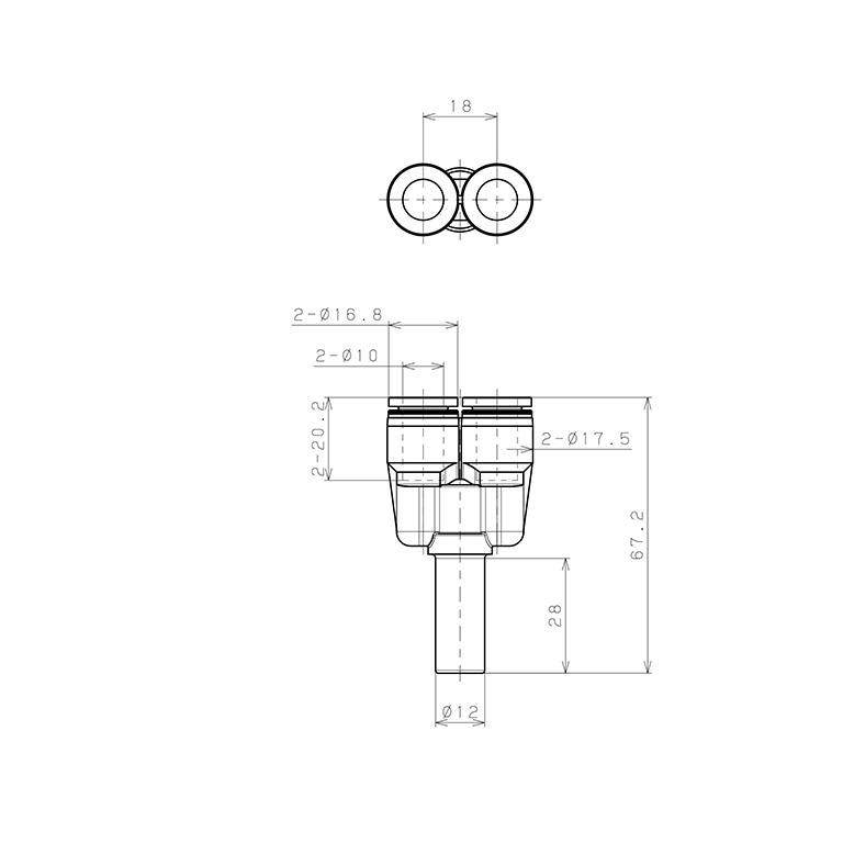 Đầu Nối Nhanh Khí Nén Giữa Ống Khí Và Fitting Dạng Nối Giảm Chữ Y Pisco PWJ12-10_drawing