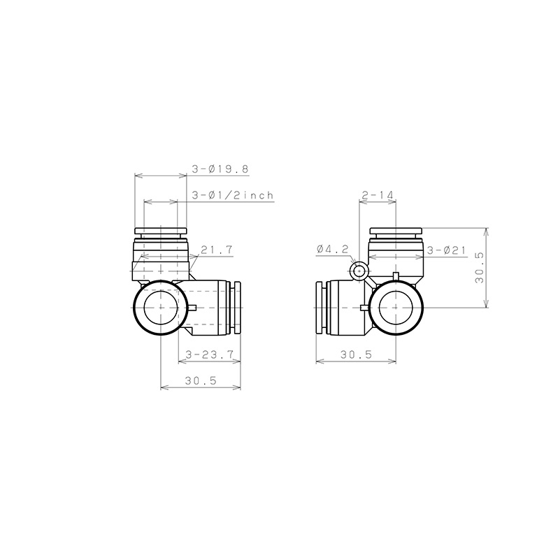 Đầu Nối Nhanh Khí Nén Chạc Ba 90° Pisco PVU1/2-C_drawing