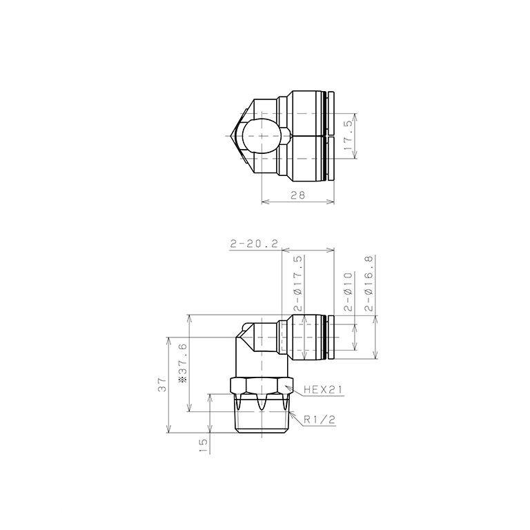 Đầu Nối Nhanh Khí Nén Hai Nhánh Cong 90° Ren Ngoài Pisco PAX10-04_drawing