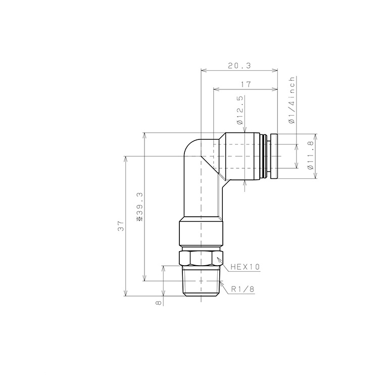 Đầu Nối Nhanh Khí Nén Dạng Cong 90° Ren Ngoài (Dài) Pisco PLL1/4-01_drawing