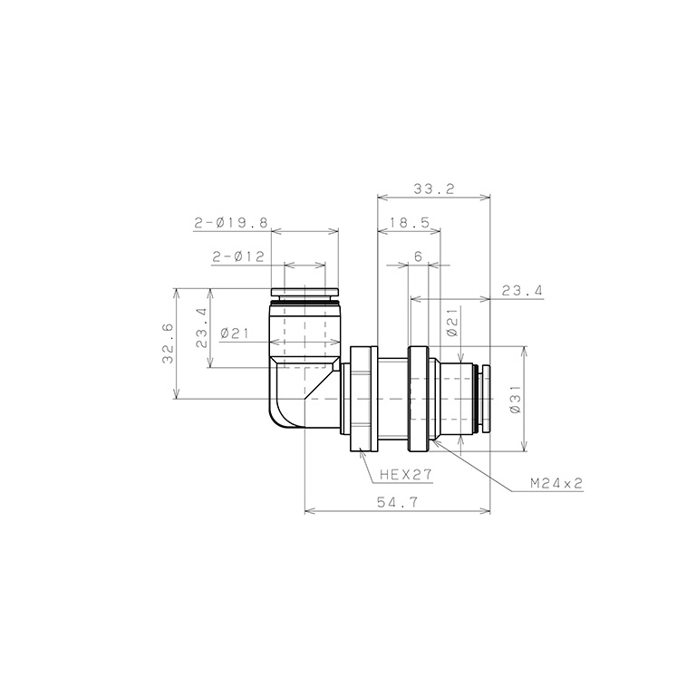 Đầu Nối Nhanh Khí Nén Cong 90° Ren Ngoài Lắp Kẹp Vách Pisco PML12-UC_drawing