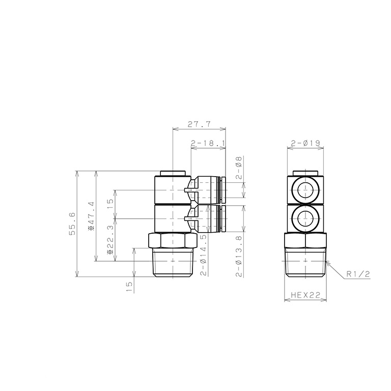 Đầu Nối Nhanh Khí Nén Hai Nhánh Cong 90° Thân Lục Giác Trụ Ren Ngoài Pisco PHW8-04_drawing