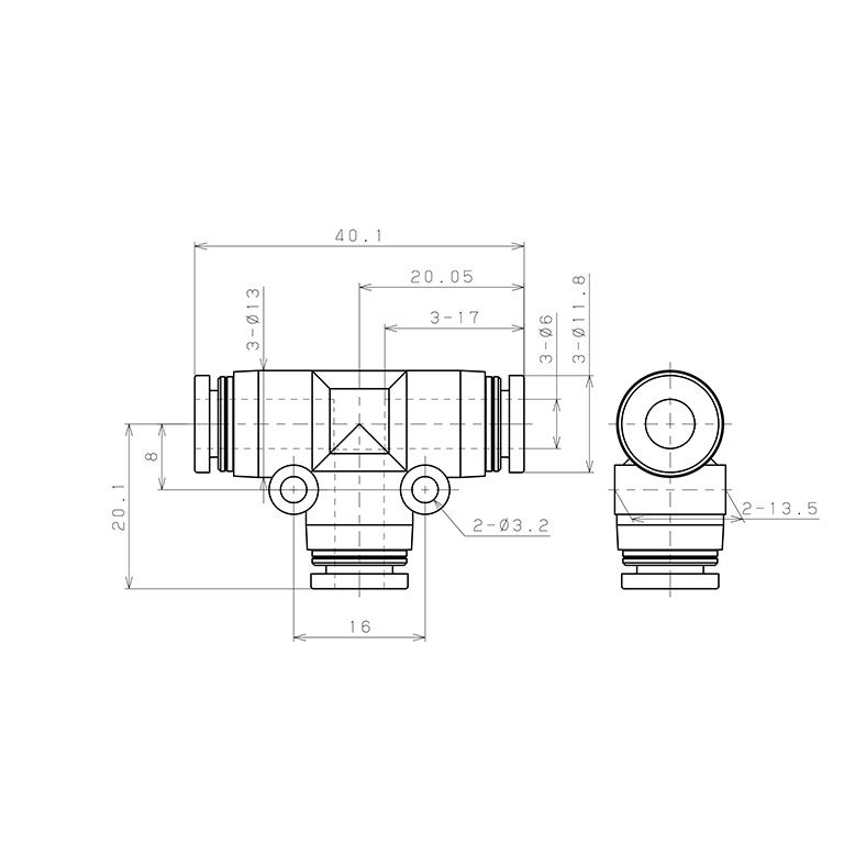 Đầu Nối Nhanh Khí Nén Chữ T Pisco PE6-UC_drawing