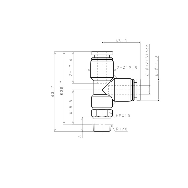 Đầu Nối Nhanh Khí Nén Dạng Chữ T Ren Ngoài Pisco PD3/16-01_drawing
