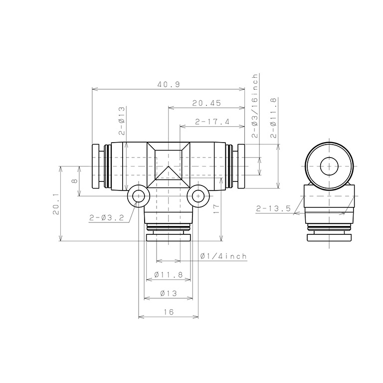 Đầu Nối Nhanh Khí Nén Chữ T Dạng Nối Giảm Pisco PEG3/16-1/4_drawing