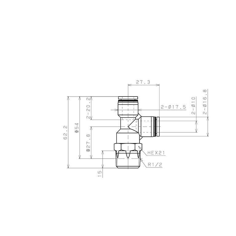 Đầu Nối Nhanh Khí Nén Dạng Chữ T Ren Ngoài Pisco PD10-04-C_drawing