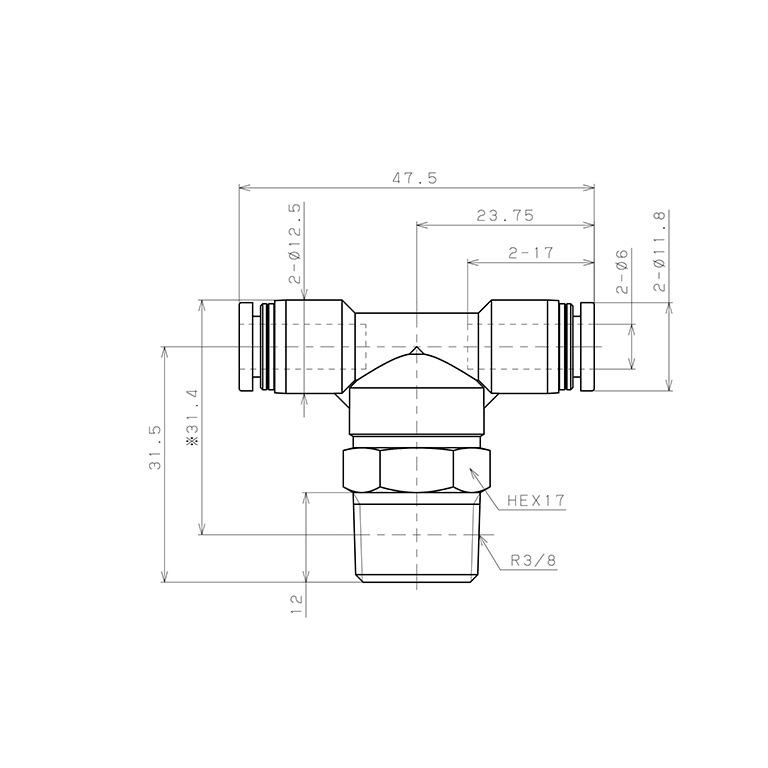 Đầu Nối Nhanh Khí Nén Dạng Chữ T Ren Ngoài Pisco PB6-03_drawing