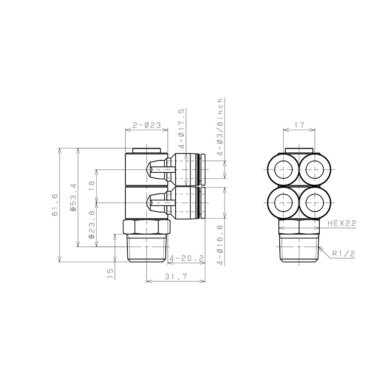Đầu Nối Nhanh Khí Nén Bốn Nhánh Cong 90° Thân Lục Giác Trụ Ren Ngoài Pisco PAW3/8-04_drawing