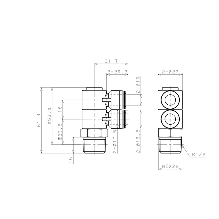 Đầu Nối Nhanh Khí Nén Hai Nhánh Cong 90° Thân Lục Giác Trụ Ren Ngoài Pisco PHW10-04_drawing