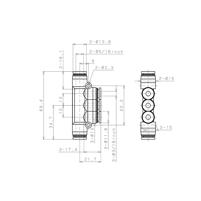 Đầu Nối Nhanh Khí Nén Chữ T 5 Ngã Dạng Nối Giảm Pisco PKG5/16-3/16_drawing