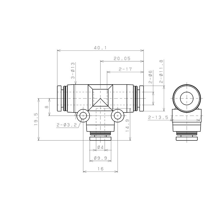 Đầu Nối Nhanh Khí Nén Chữ T Dạng Nối Giảm Pisco PEG6-4-C_drawing
